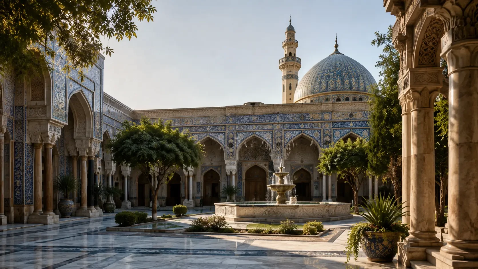 Islamic architectural courtyard with a fountain, dome and ornate colonnades.