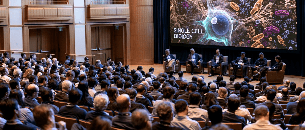 Life-sciences conference auditorium with delegates and a single-cell biology presentation on stage