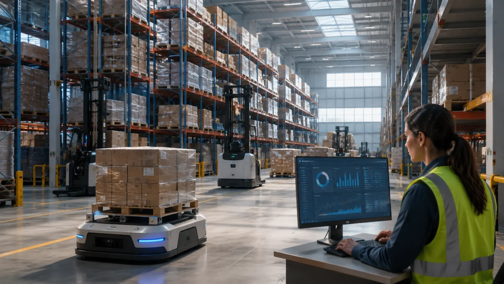 Warehouse operator overseeing automated fulfilment and logistics activity