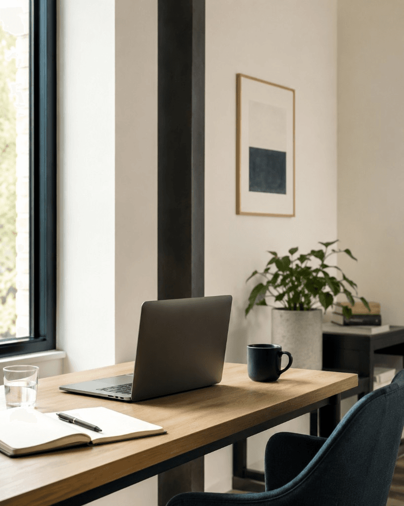 Calm modern workspace with laptop, notebook and natural light — ready for a project conversation