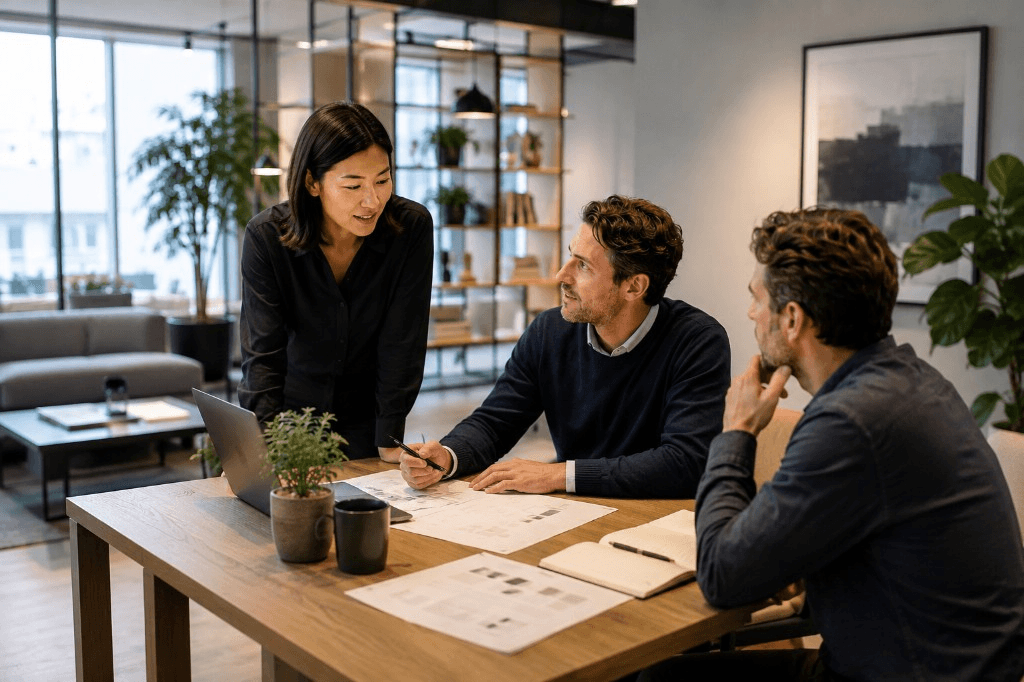 Operators reviewing a process flowchart on a monitor overlooking warehouse operations — identifying workflow and systems issues for an AI opportunity audit.