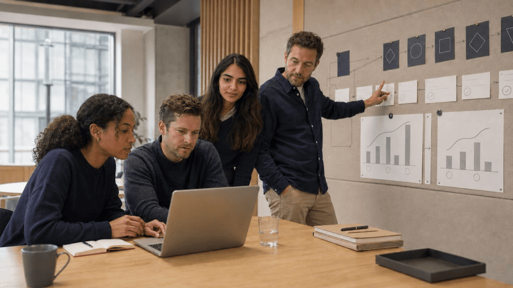 Project team collaborating around a laptop and process boards in a modern office — assembling the right people for delivery assurance.