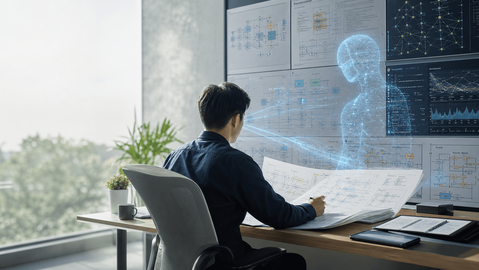 Engineer reviewing system architecture with a luminous AI reading layer before production changes.