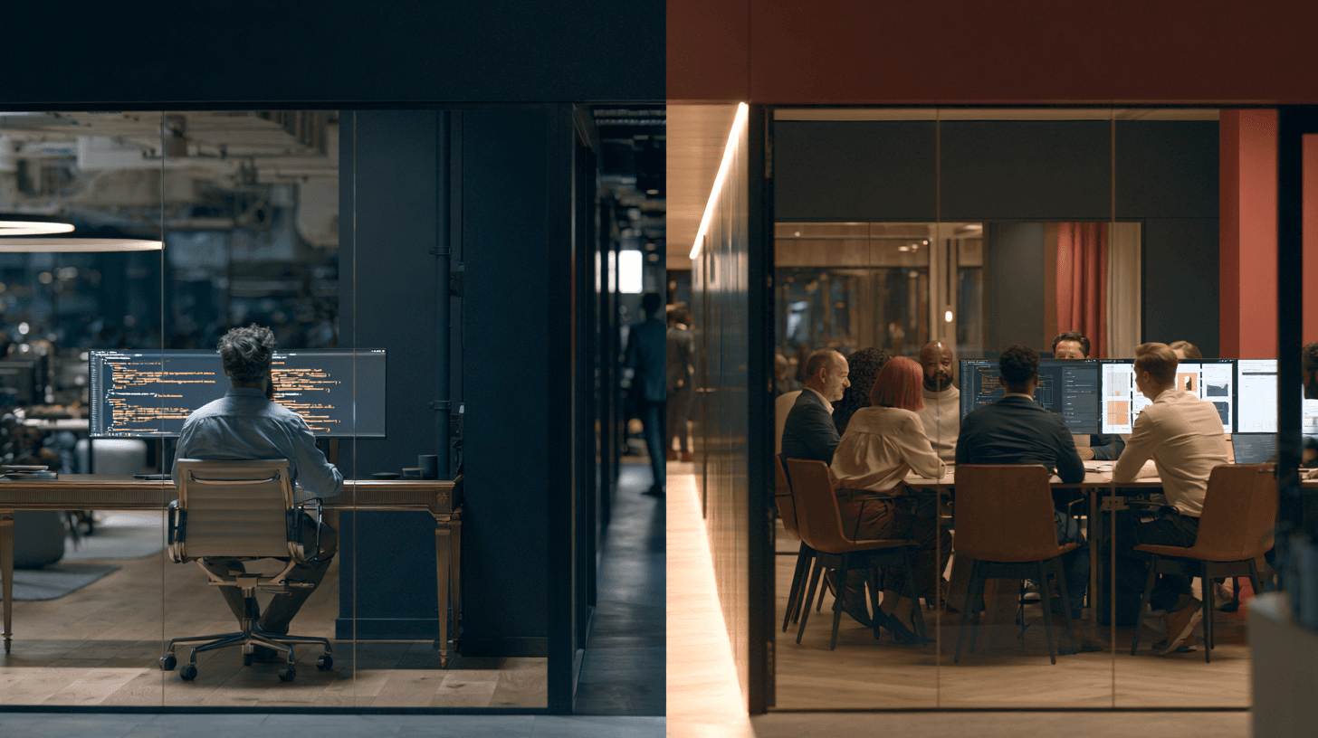 A full-stack engineer working independently on one side of a modern technology workspace, while a multidisciplinary product engineering team collaborates on the other.