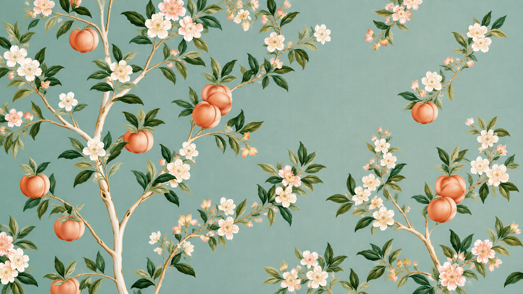 Peach branches with fruit and pale blossoms against a soft blue-green background.