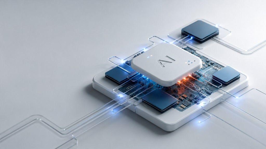 3D render of a white AI processor module on a circuit board with surrounding modules and glowing blue data pathways — editorial metaphor for turning a model into a connected operational system.