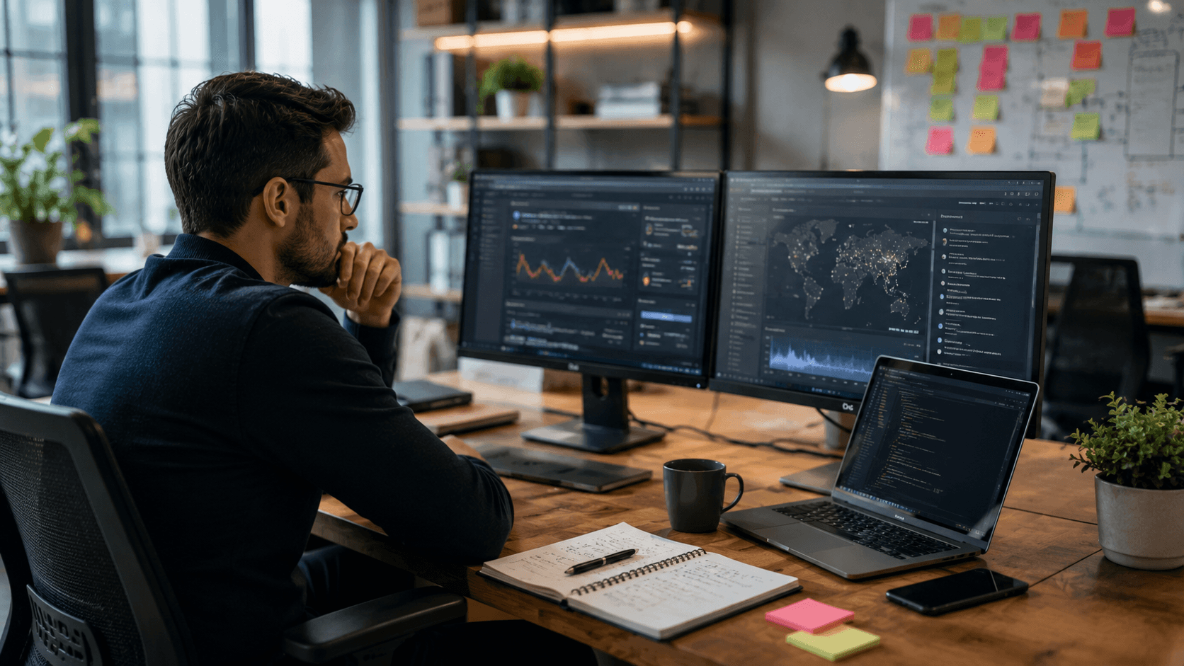 Software engineer investigating website performance and cached content across several monitoring and development screens.