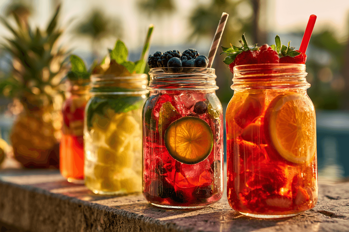 Colourful fruit drinks in glass jars with berries, citrus, mint, and warm sunlight.