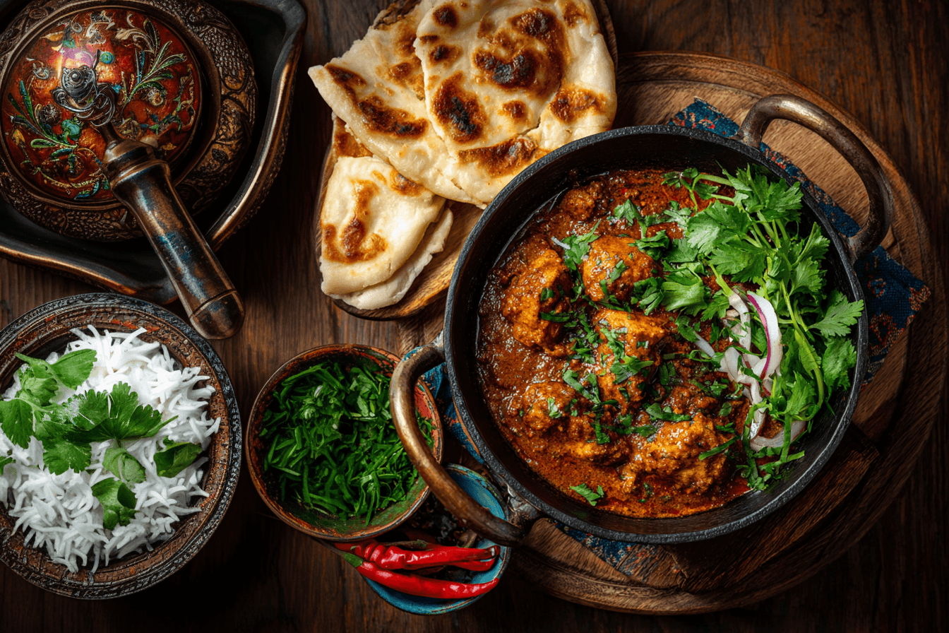A richly coloured meal with flatbread, rice noodles, herbs, chillies, and a spiced dish in a dark pan.