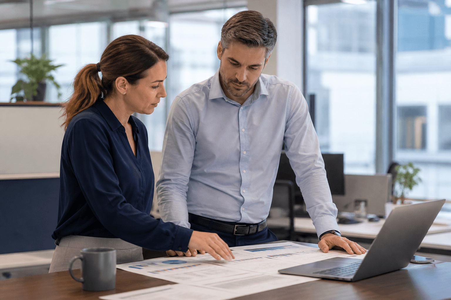 Data analyst and operations manager reviewing field definitions on printed sheets beside monitors in a bright office.