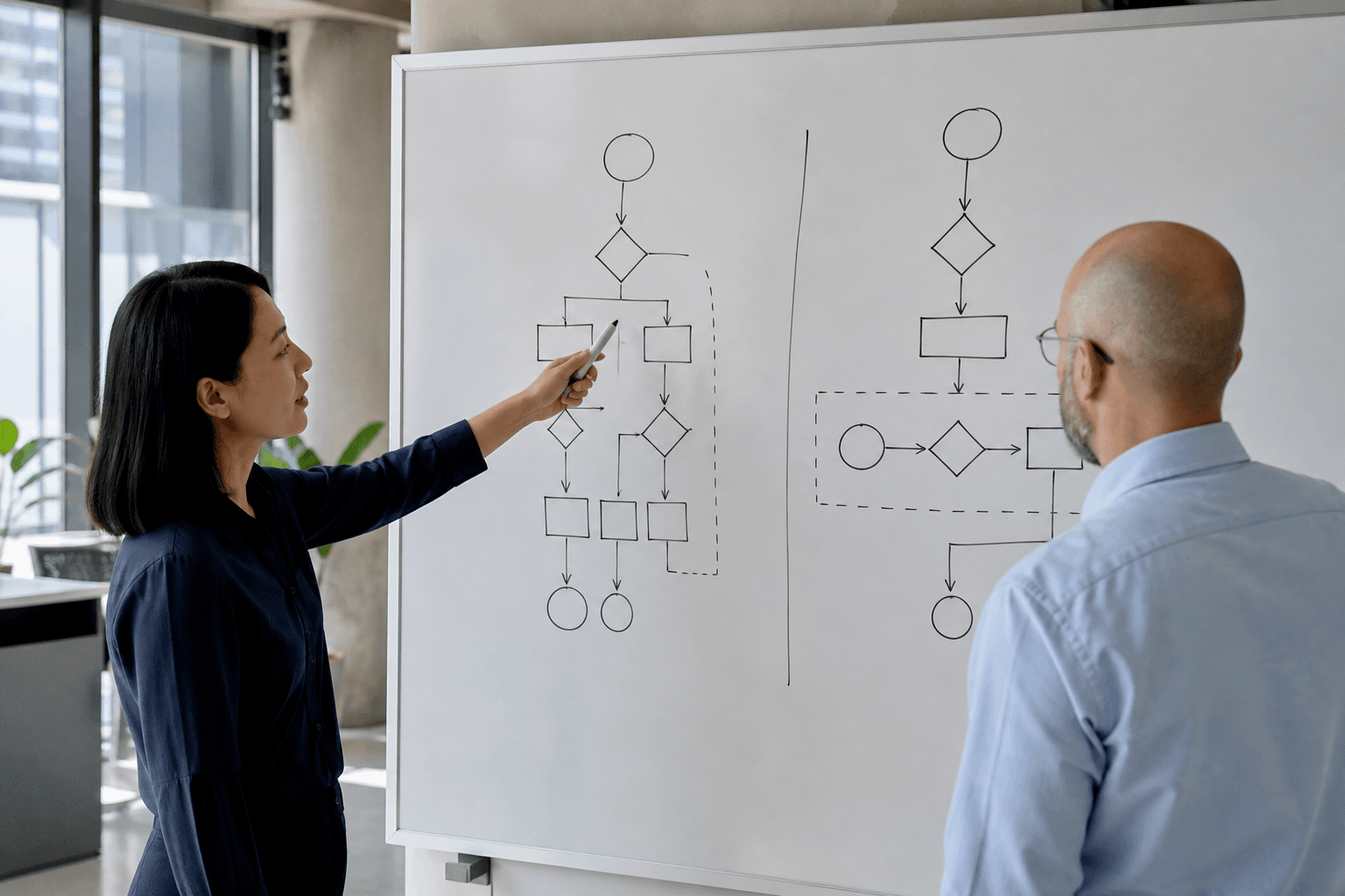 Product manager and engineer comparing two process paths at a whiteboard in a modern office with natural light.