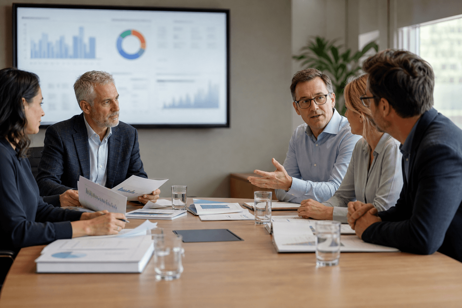 Leadership meeting with printed weekly reporting packs on the table while a wall screen shows a simple operations dashboard.