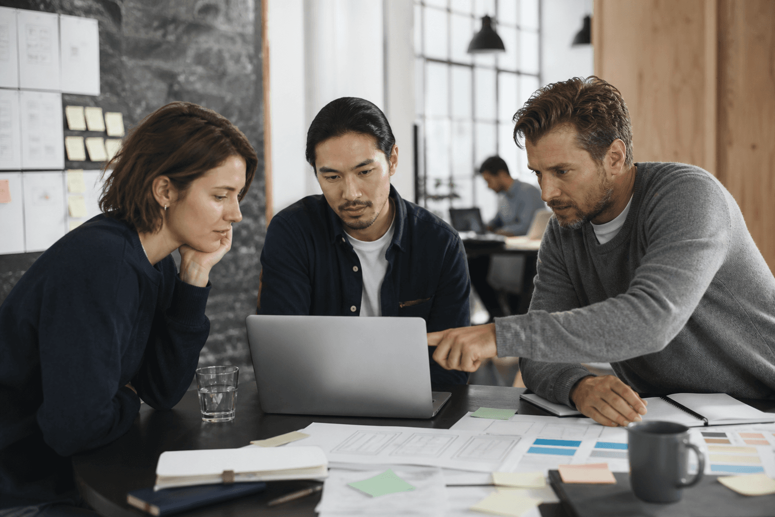 Small product team reviewing a prototype on a laptop during a focused sprint workshop in a modern studio.
