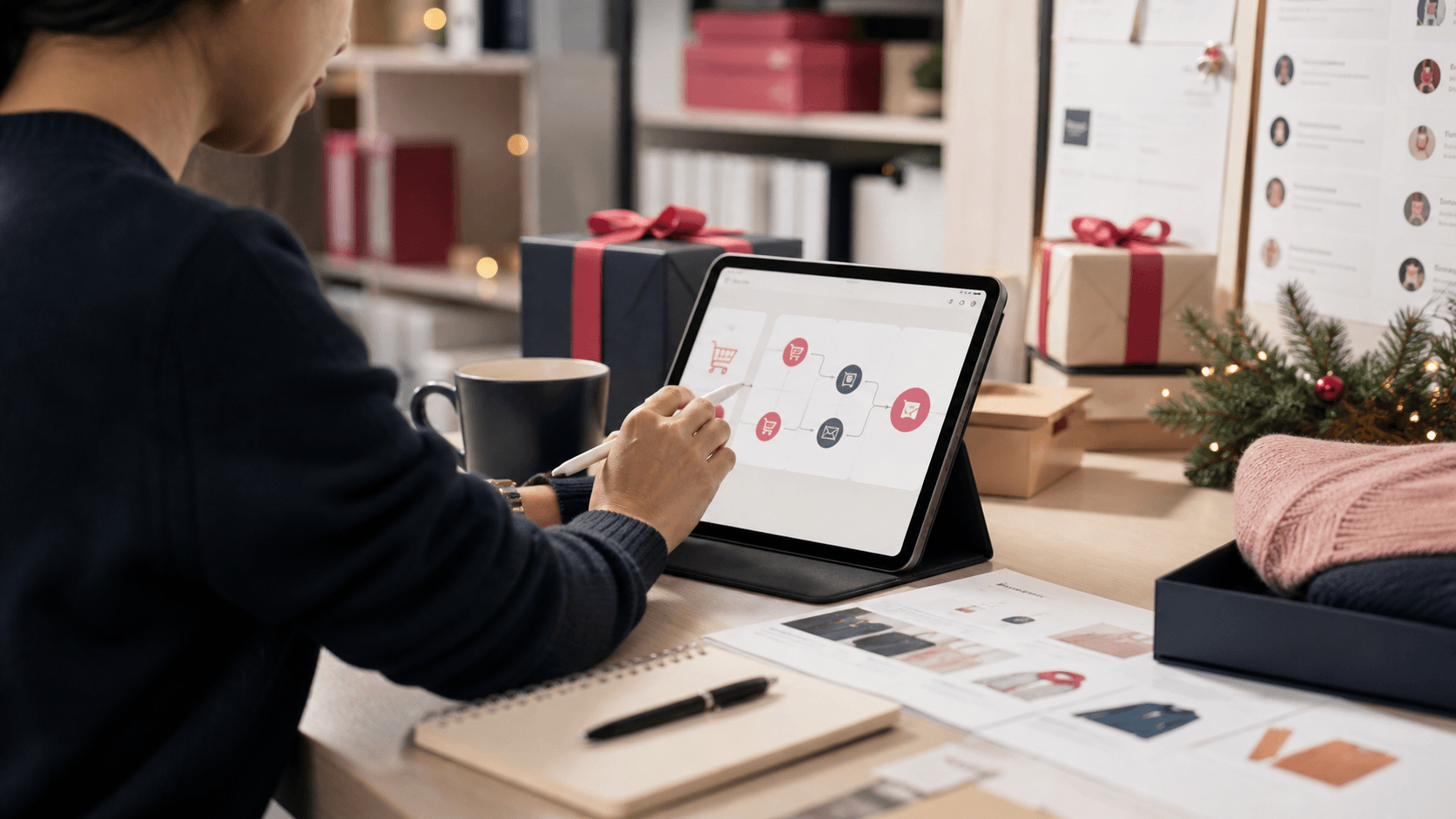 Ecommerce operations desk with a tablet cart flow, gift products, and customer journey cards.