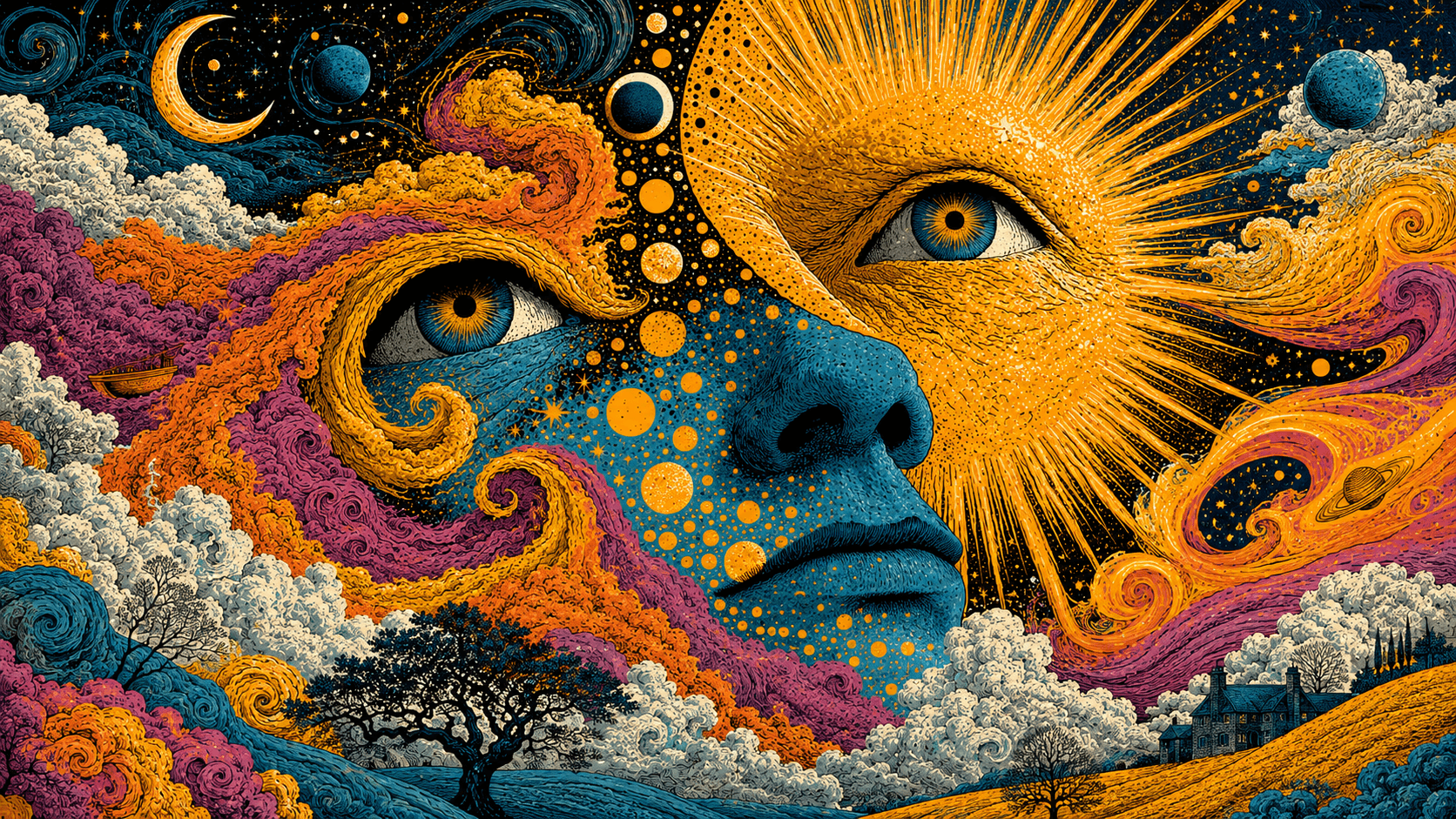 A vivid illustrated face surrounded by sun, moon, eclipse shapes, clouds and colourful celestial patterns.