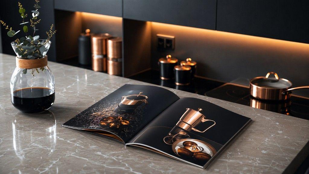 Dark modern kitchen with light marble worktop: open copper cookware catalogue, glass carafe of dark coffee with eucalyptus, copper saucepan on a black hob, and copper canisters in a warm lit niche.