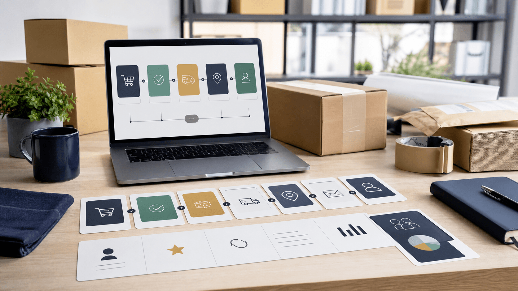 Post-purchase ecommerce operations desk with parcels, lifecycle cards, and fulfilment flow.