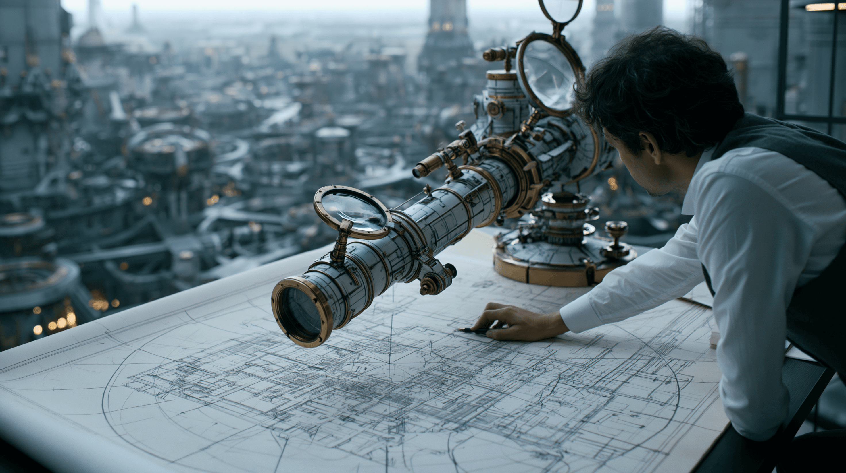 Engineer reviewing a complex system architecture with an AI-assisted precision instrument.