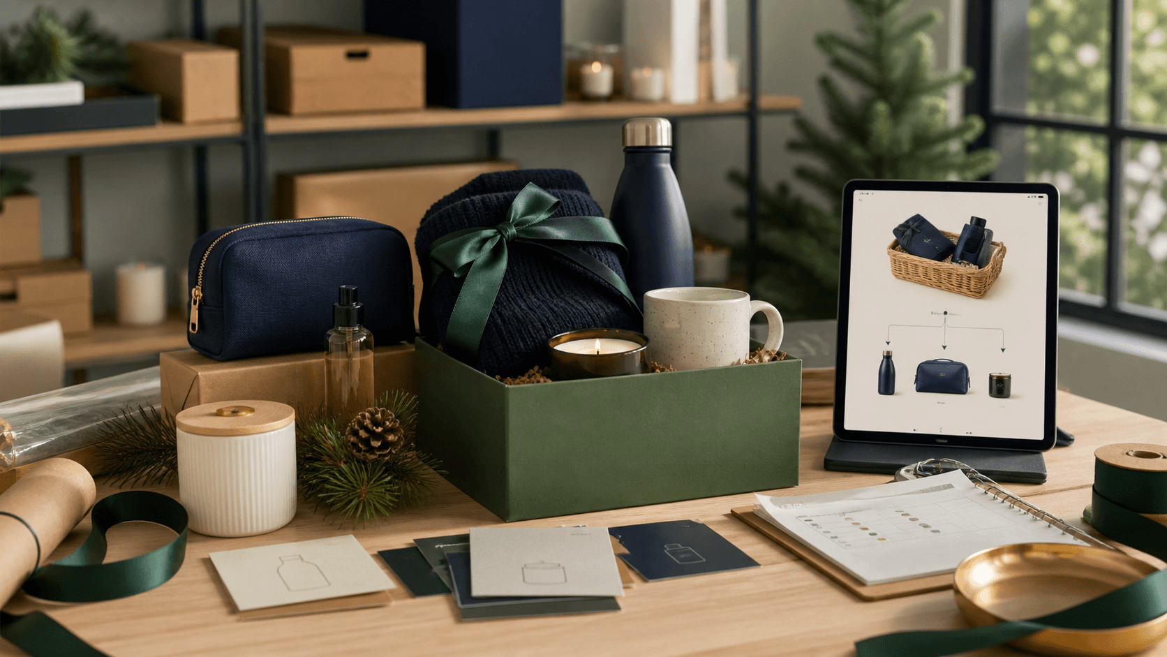 Curated ecommerce gift bundle planning scene with product sets and basket flow planning.