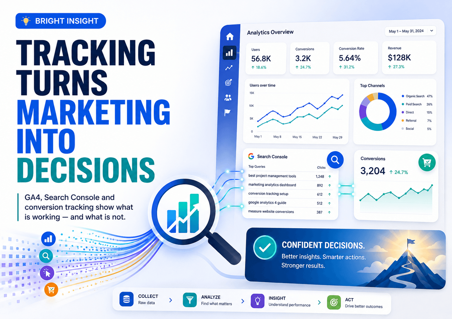Bright Insight artwork showing GA4, Search Console and conversion dashboards turning marketing into decisions.