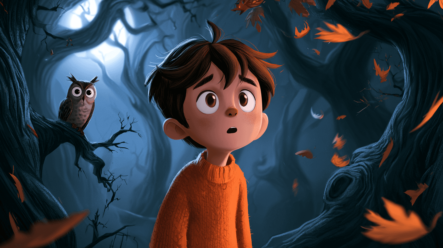 A cinematic blue forest scene with an orange-clad character looking upward amid falling autumn leaves.