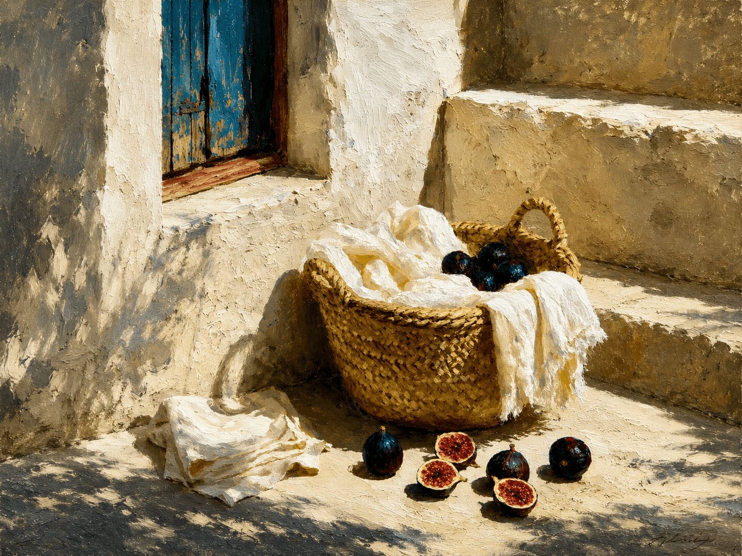 Sunlit Mediterranean still life with a woven basket, white cloth and fresh figs, representing simplicity, abundance and technology that quietly reduces operational friction.