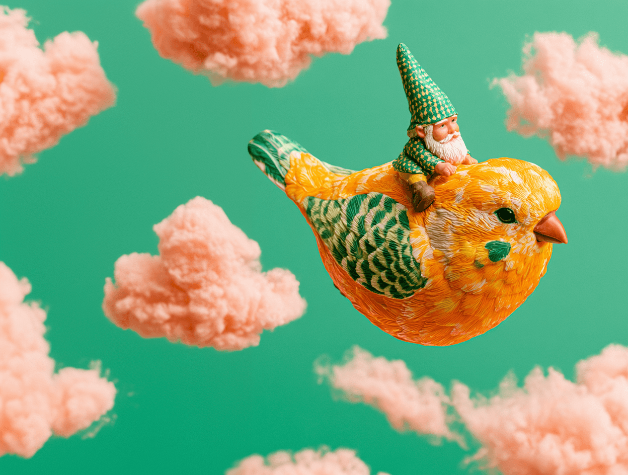 A small gnome riding a brightly coloured bird through soft pink clouds against a turquoise sky.