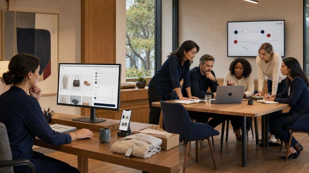 Developer reviewing a fashion ecommerce storefront on desktop and mobile, while a delivery team collaborates on commerce architecture in the background.