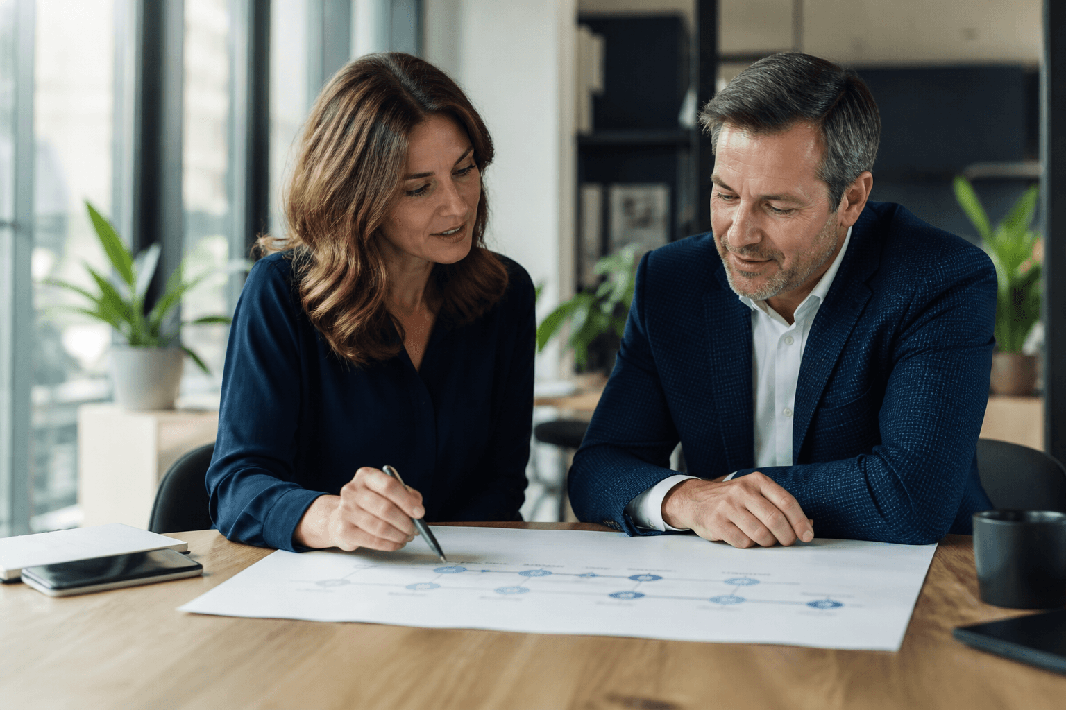 Consultant and business owner reviewing a roadmap printout together at a meeting table in a bright office.