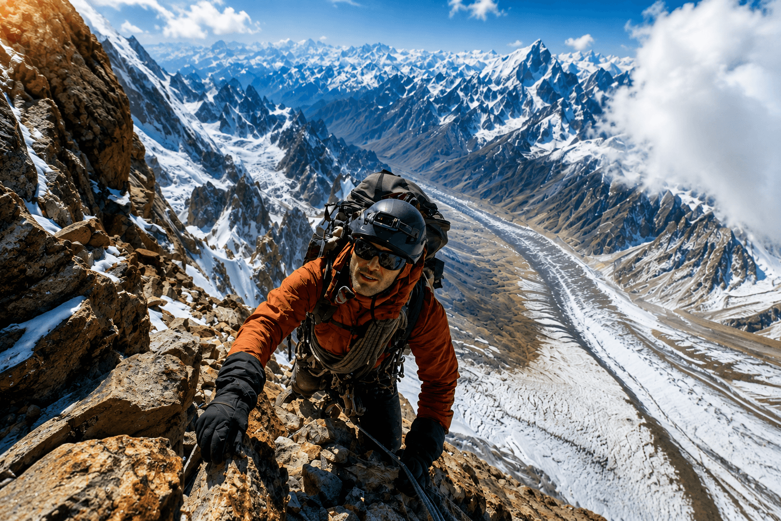 A mountain climber ascending a rocky ridge above snowy peaks and a glacier valley.