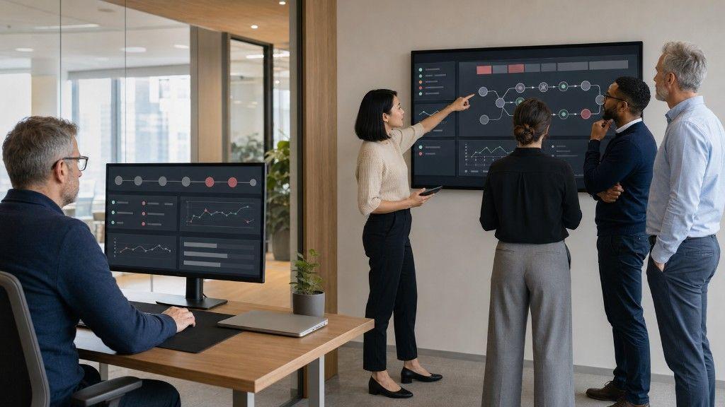 Solo engineer monitoring deployments at a desk while a platform operations team reviews shared infrastructure screens in the same modern workspace.