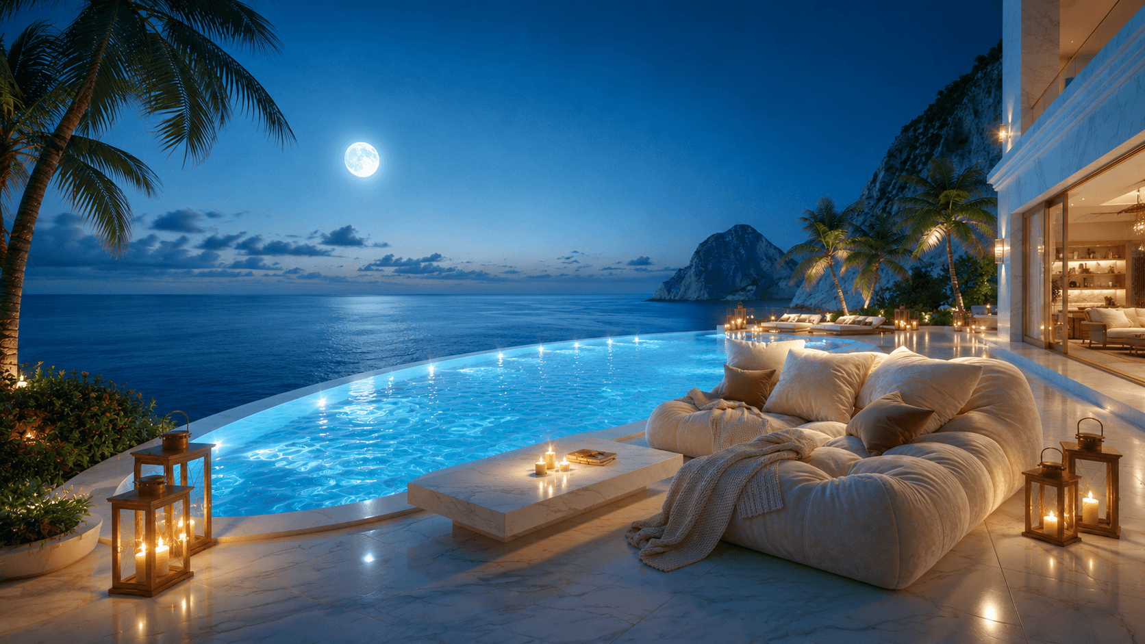 A moonlit luxury terrace with an infinity pool, lanterns and a calm ocean view.