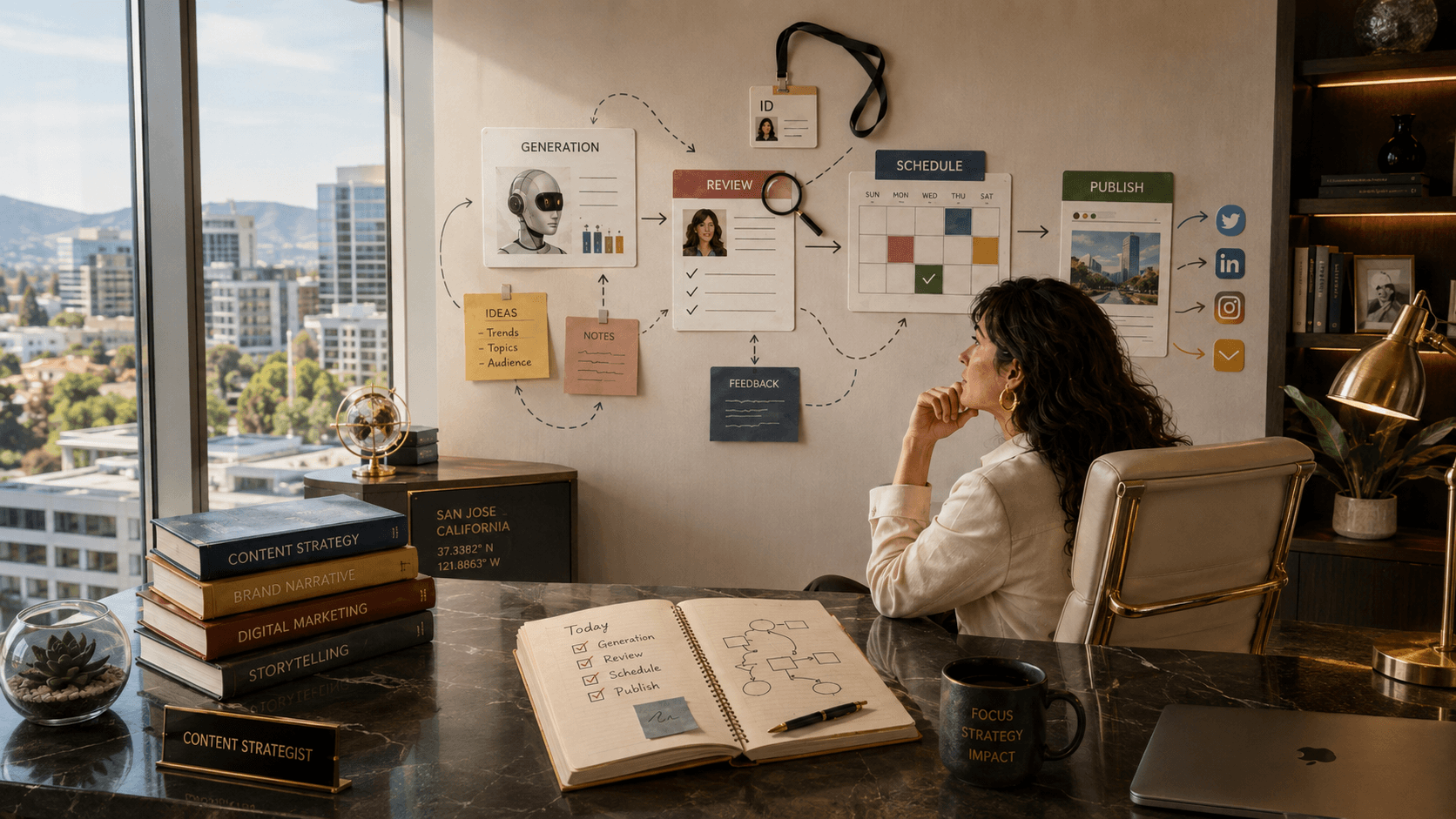 Woman in a San Jose office reviewing an AI content workflow from generation through review, scheduling and publishing.