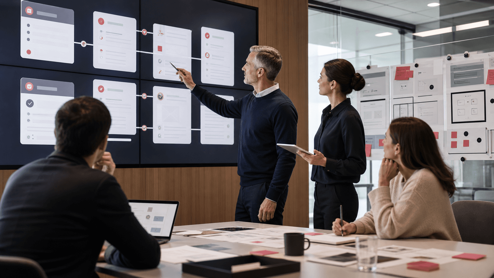 Governance team reviewing AI-assisted workflow approvals, permissions and audit checkpoints.