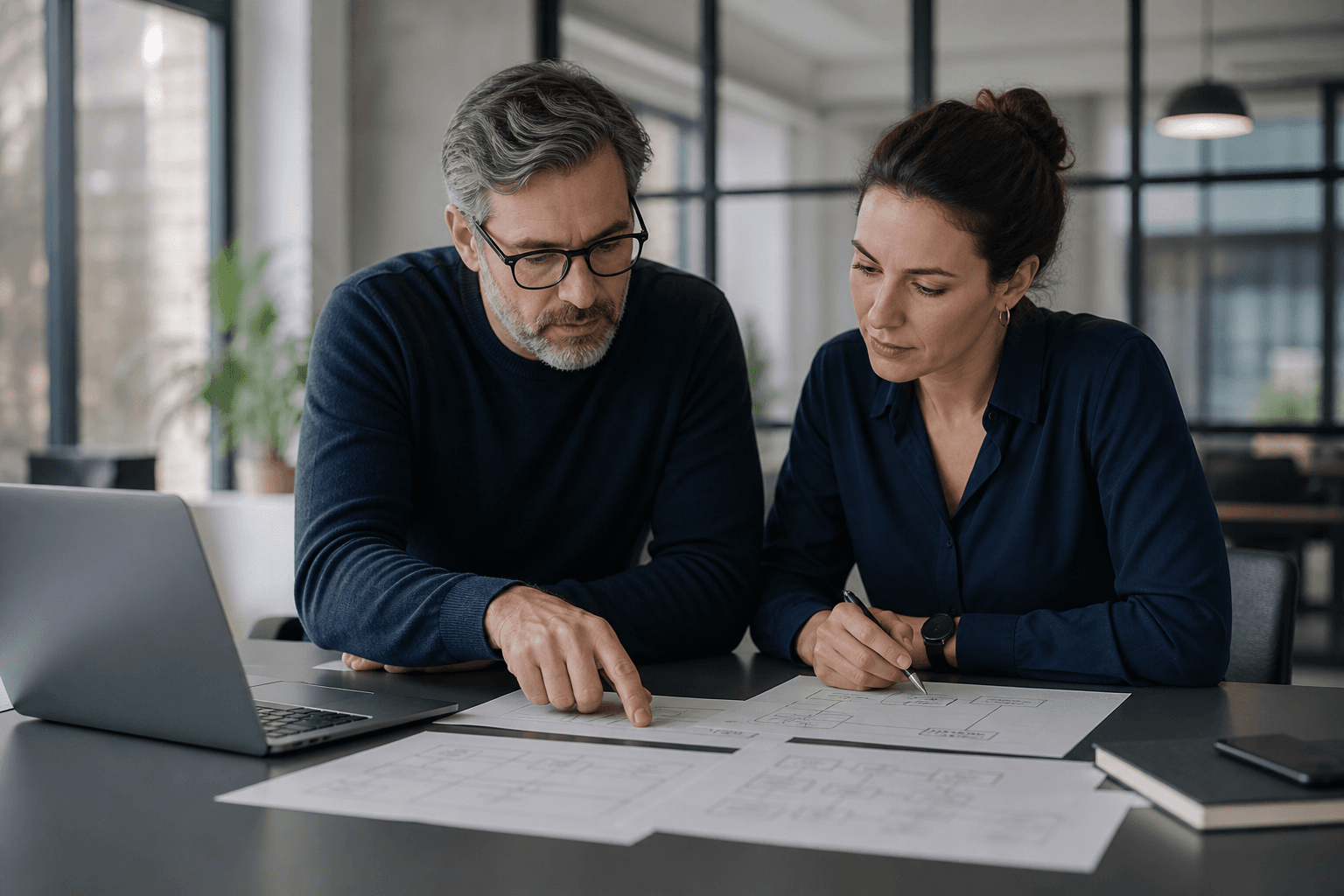 IT and operations leads reviewing connected system diagrams on paper beside a laptop in a calm office.