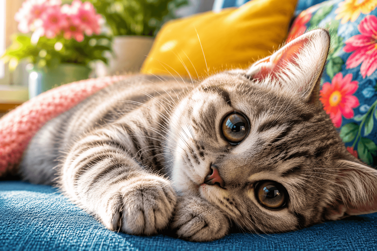 A relaxed tabby cat on a blue sofa with bright cushions and flowers in the background.