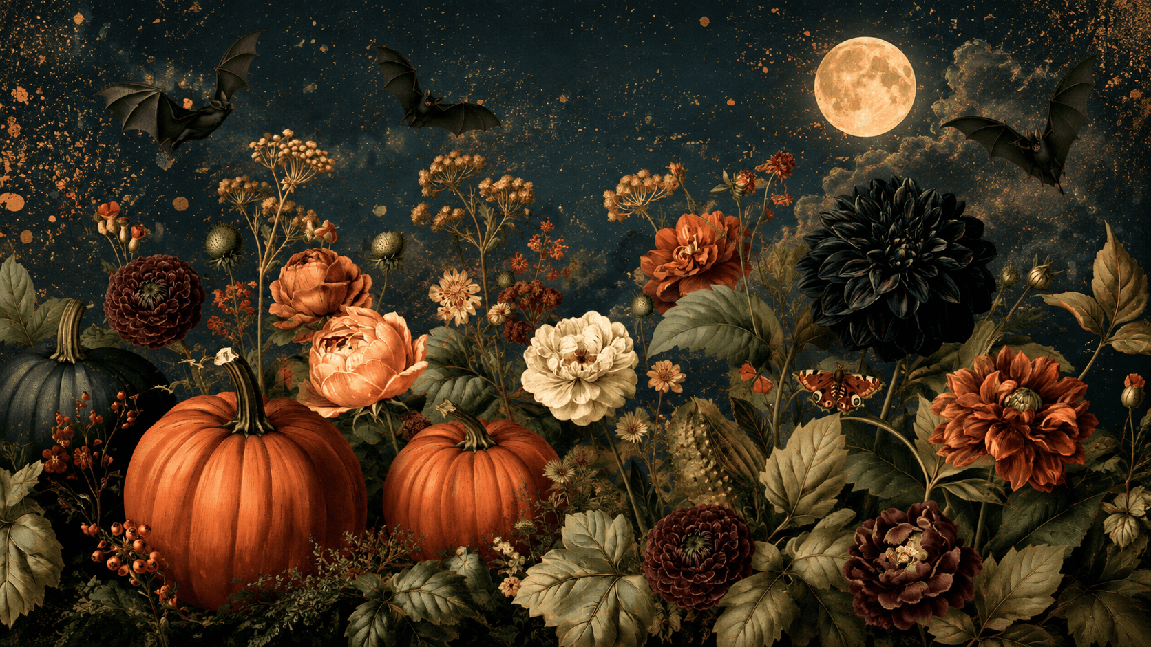 An atmospheric autumn garden with pumpkins, dark flowers, a full moon and bats.