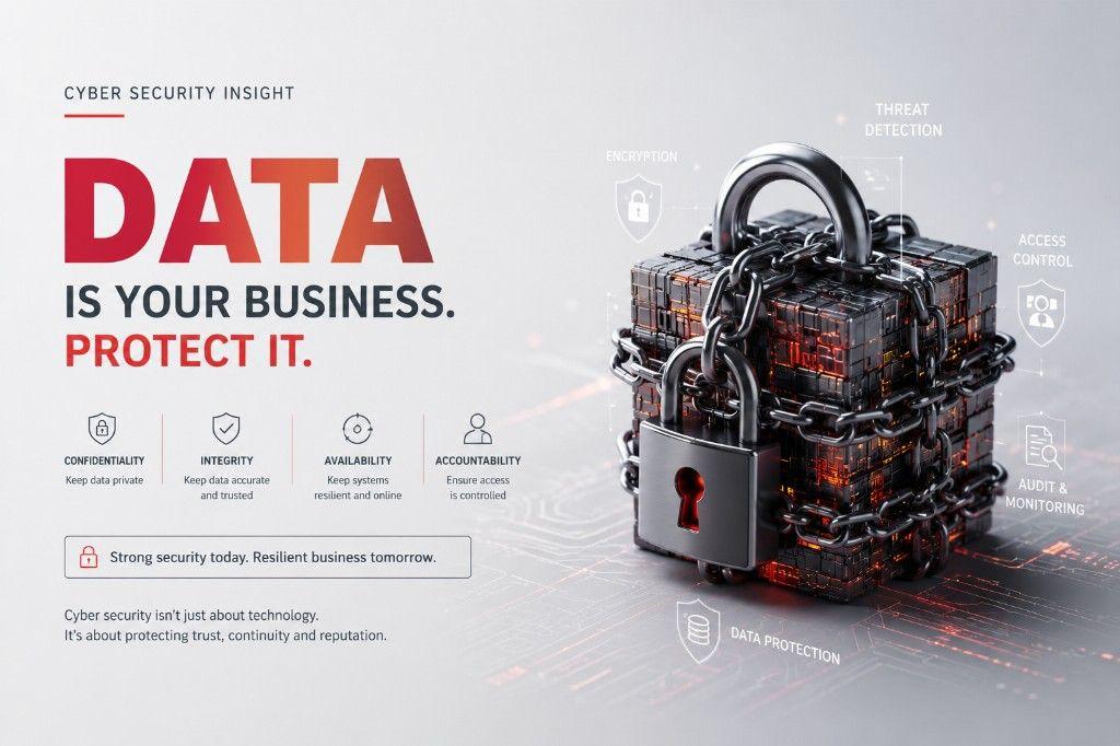 Cyber security insight editorial: a chained and locked metallic data cube with glowing orange seams, surrounded by labels for encryption, threat detection, access control, audit and monitoring, and data protection — headline Data Is Your Business. Protect It.