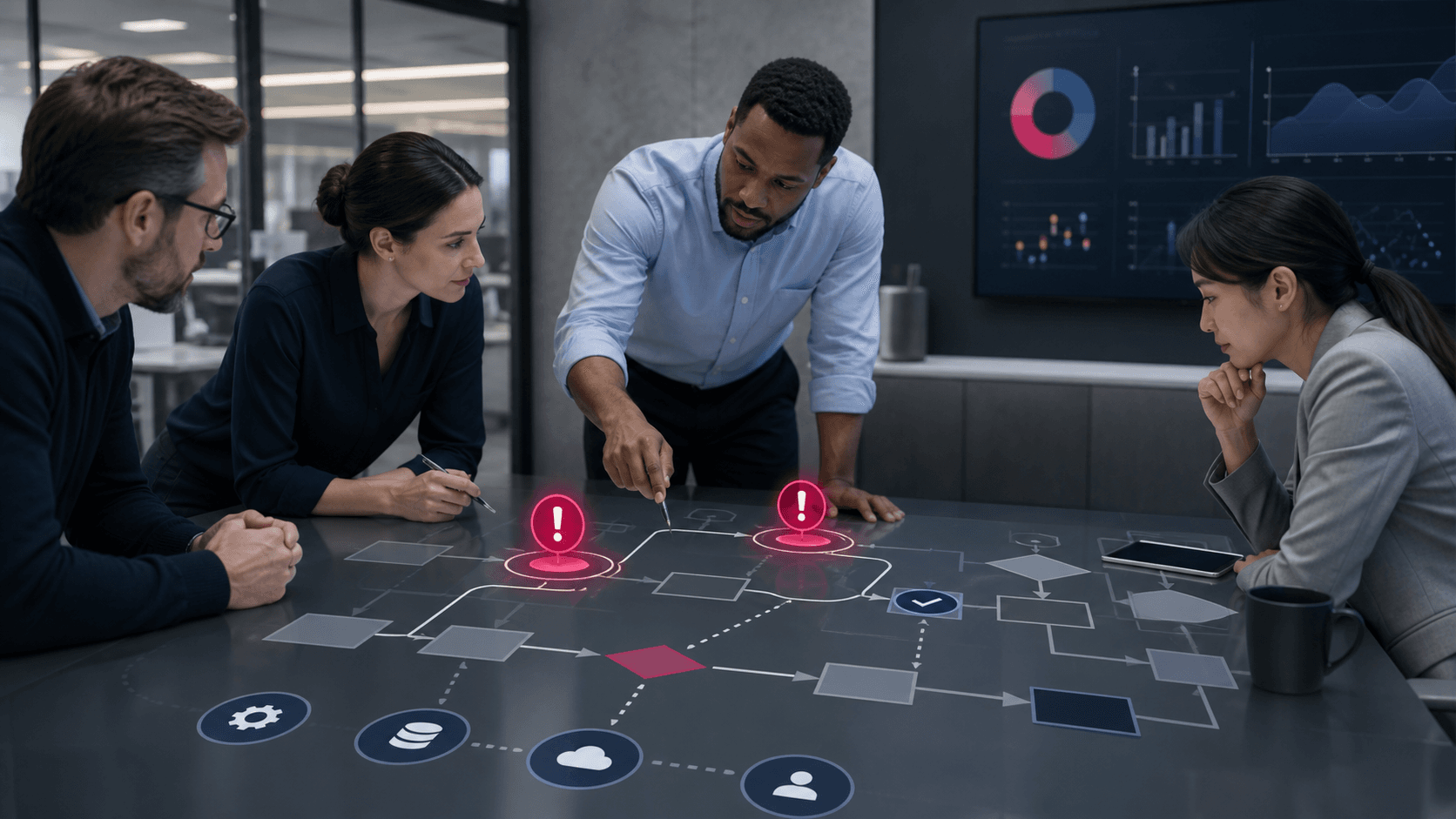 Operations team reviewing a connected workflow map with highlighted bottlenecks.