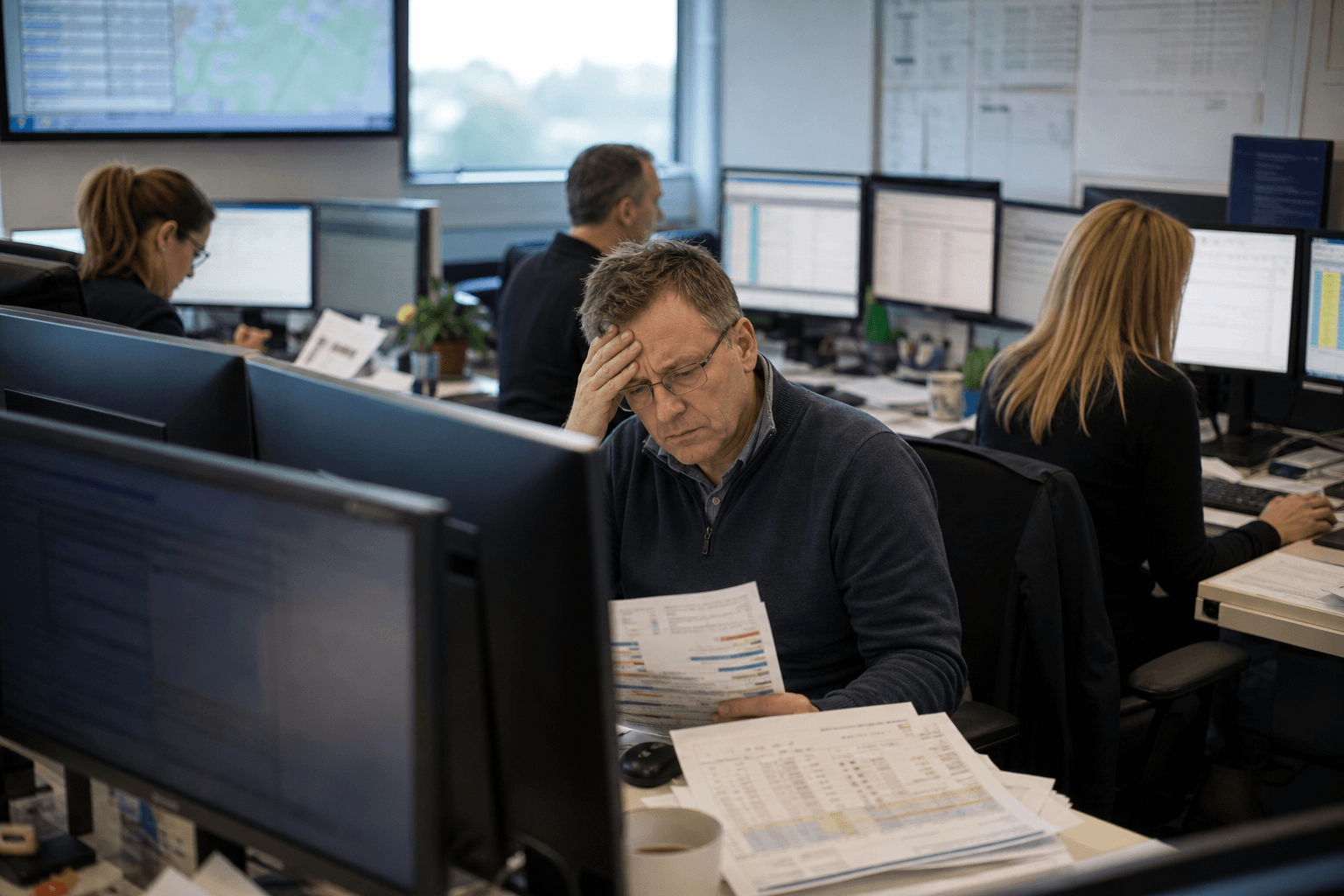 Busy operations team surrounded by multiple screens and printed schedules, conveying system strain in a modern office.