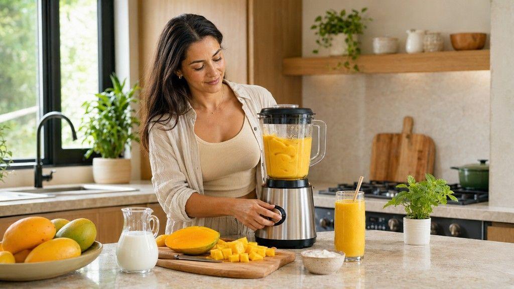 Woman blending a mango smoothie in a bright modern kitchen, with whole mangoes, diced fruit, yogurt, and a finished glass arranged on the counter.