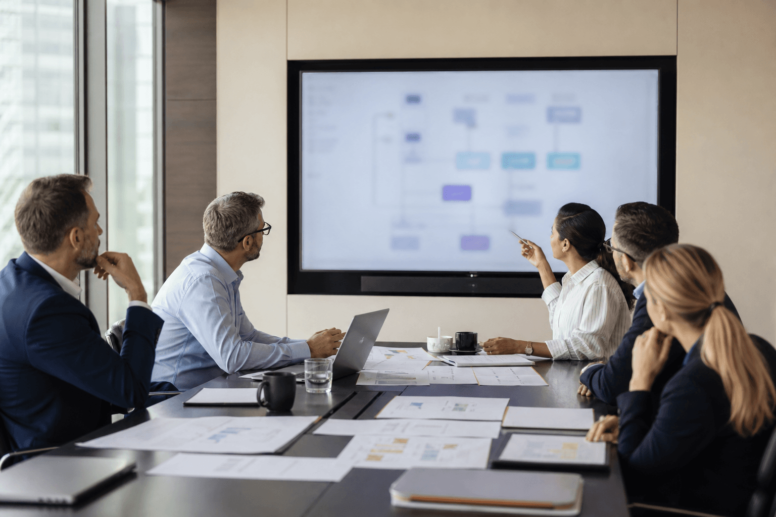 Technology leadership team in a corporate boardroom reviewing architecture diagrams and printed documentation before approving a software release; a large monitor shows a blurred deployment flow.