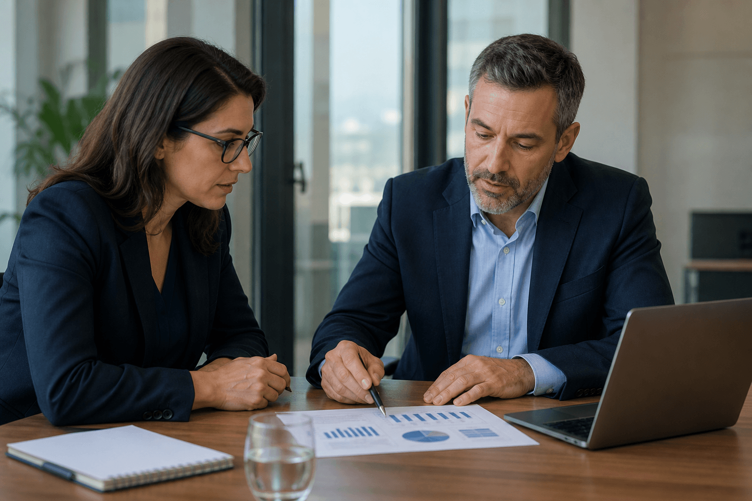 Finance and operations partners reviewing outcome measures on a printed scorecard beside a laptop in a meeting room.
