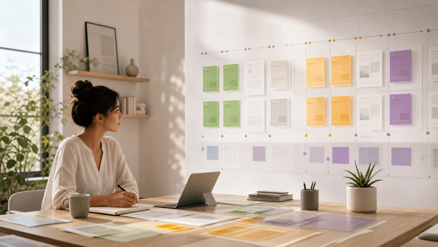 Content strategist auditing a publishing timeline with separate draft, scheduled and published states.