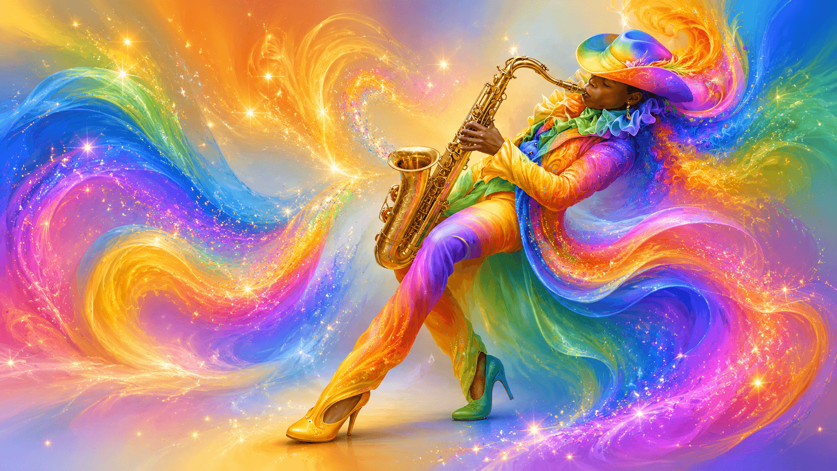 A colourful saxophone performer surrounded by bright flowing ribbons of light.